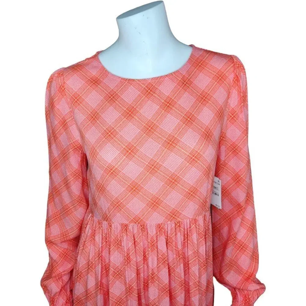 NWT BP. Womens‎ XS Pink Red Ian Bias Plaid Long Balloon Sleeve Midi Dress…